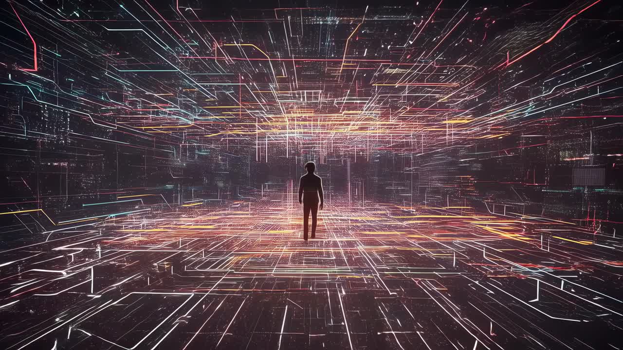 Journeying through a cutting-edge digital landscape, alive with vivid streams of data and colorful lights as twilight descends