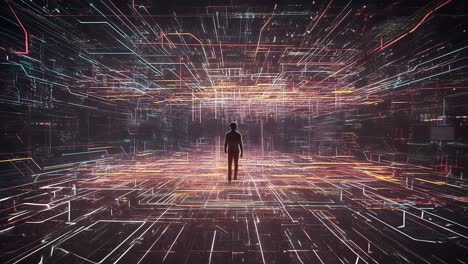 journeying through a cutting-edge digital landscape, alive with vivid streams of data and colorful lights as twilight descends