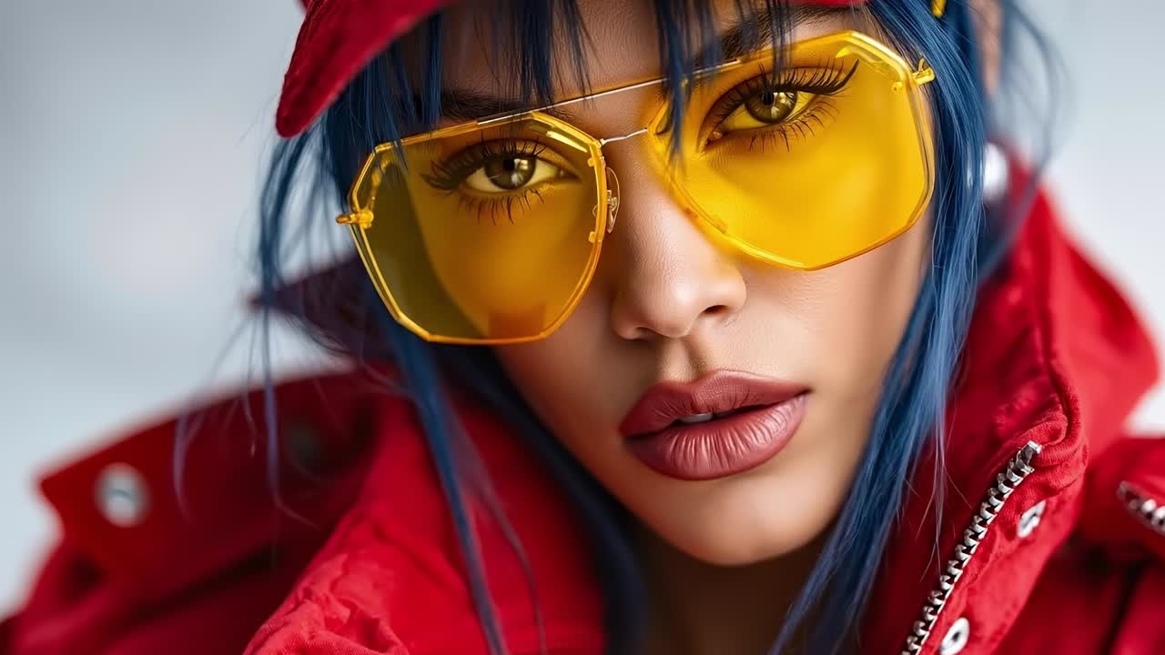 A woman with blue hair wearing a red jacket and yellow sunglasses