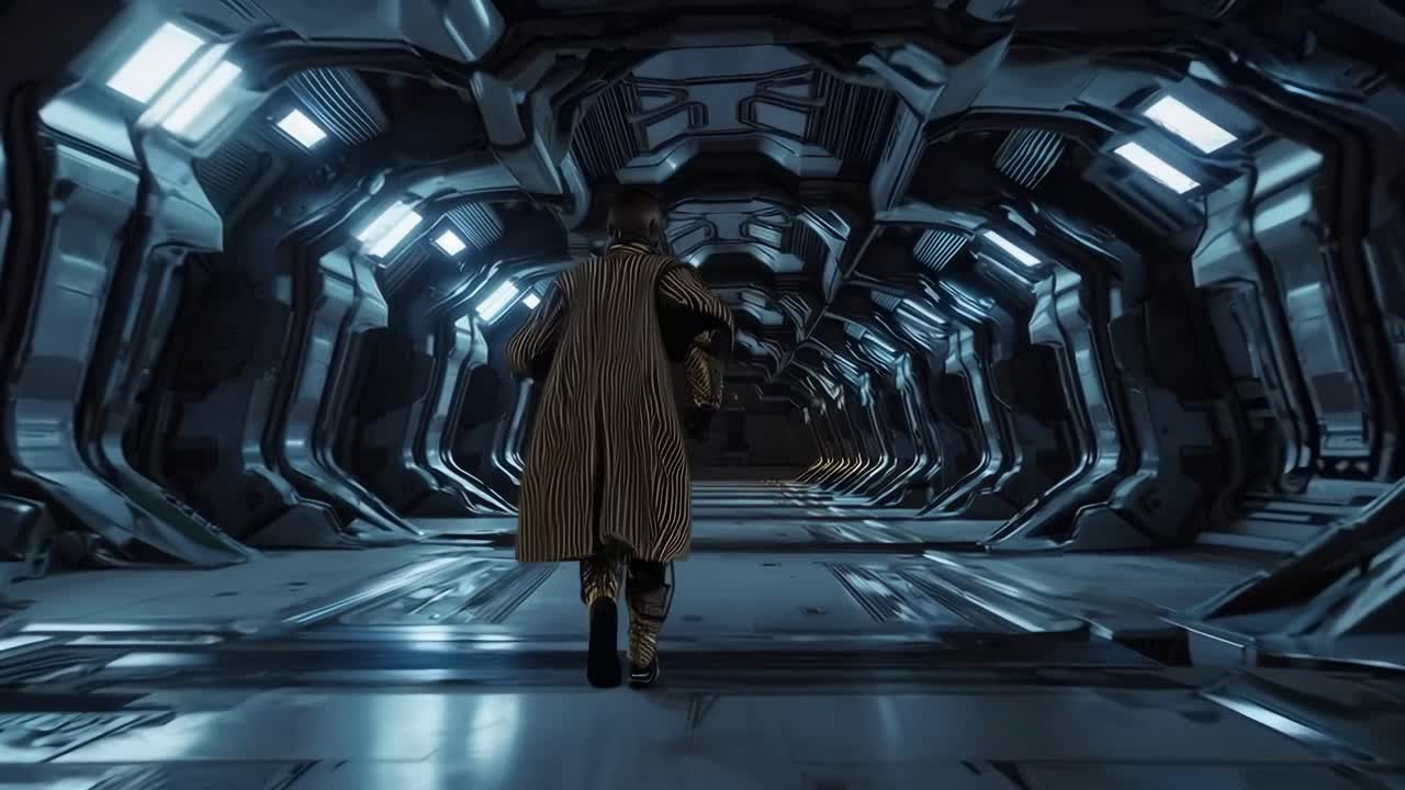 Persona che corre in un corridoio spaziale futuristico