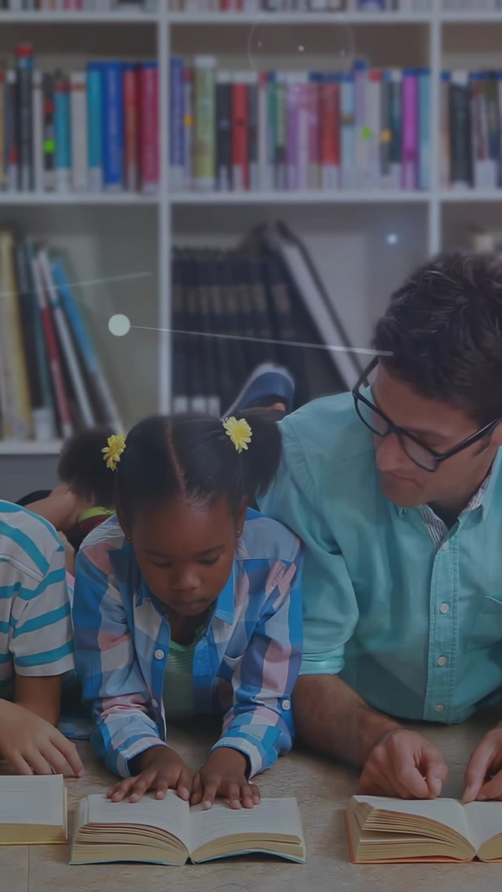Tutor adulto inclinado, guiando a una niña señalando, mientras puntos animados conectan libros impulsando la lectura.