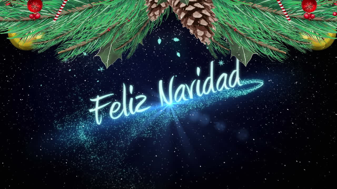 animación de feliz navidad texto con nieve cayendo sobre la decoración de navidad sobre fondo azul