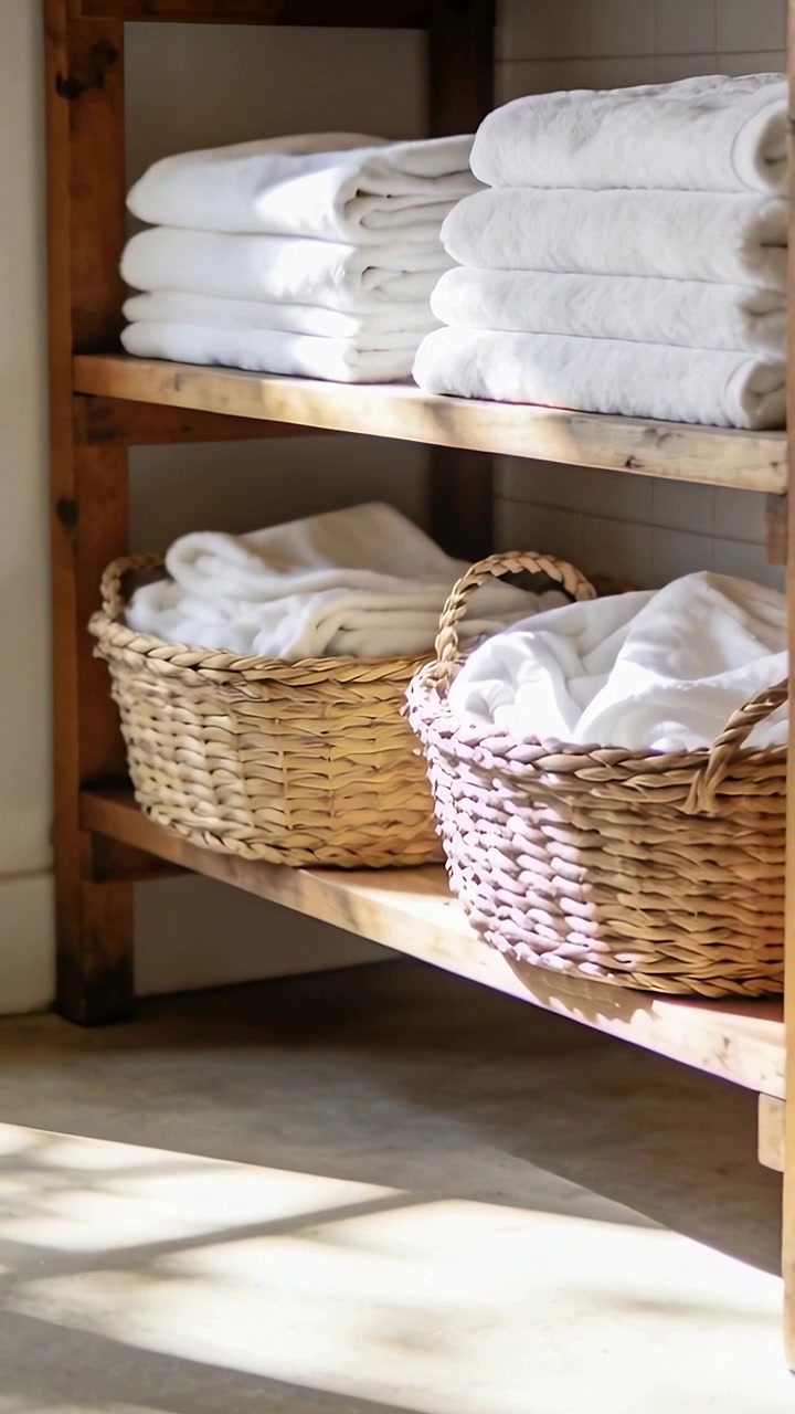 Vertical video: Moving camera framing wood shelf with towels, wicker bin in laundry to show texture
