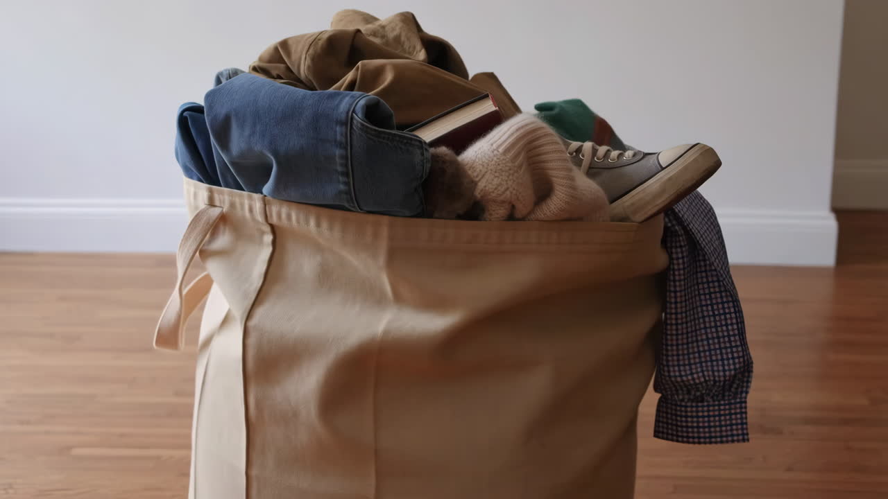 A canvas bag filled with clothes and personal items