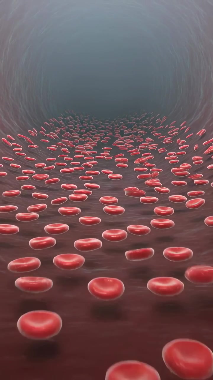 Vertical video: Camera moving, drifting biconcave red cells flowing down vessel carrying O2