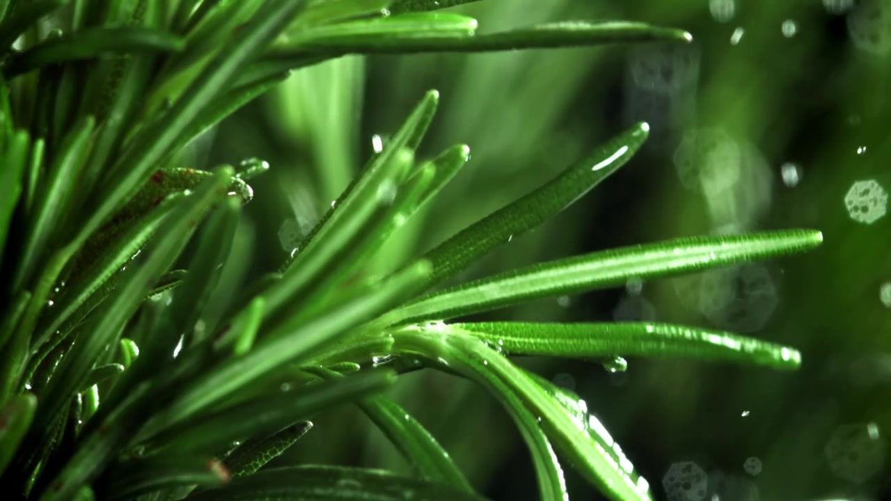 Water Droplets Falling on Fresh Green Rosemary Leaves