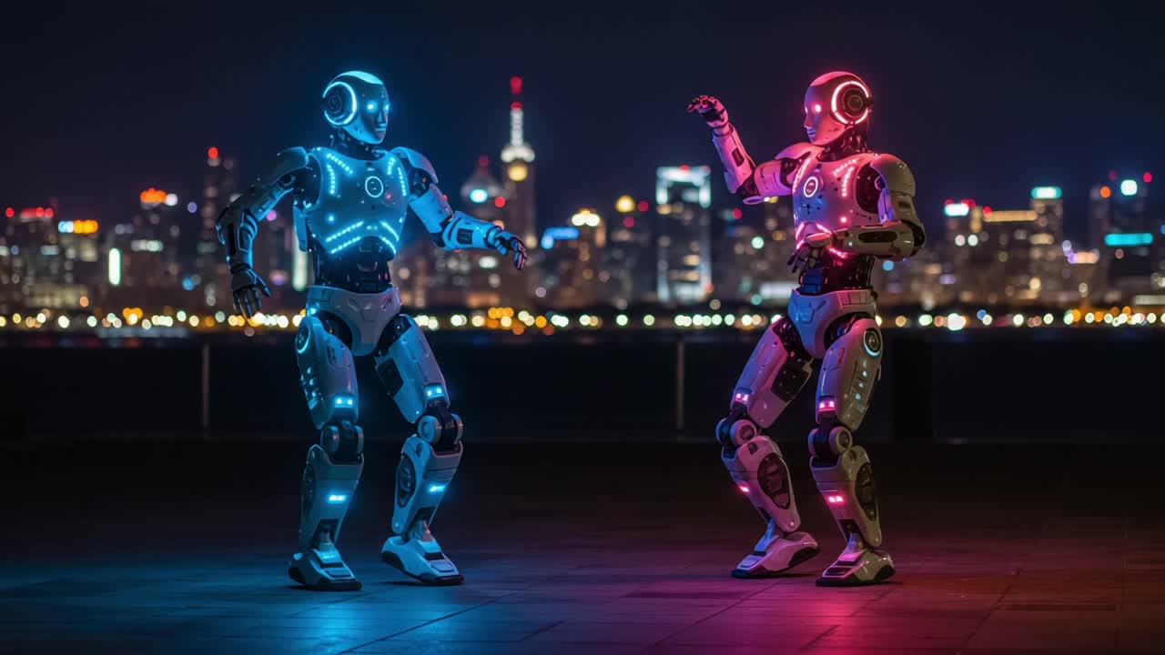 Two Futuristic Robots Engage in a Dynamic Dance Under the Night Sky, Illuminated by Vibrant Lights and Surrounded by a Glowing Urban Skyline