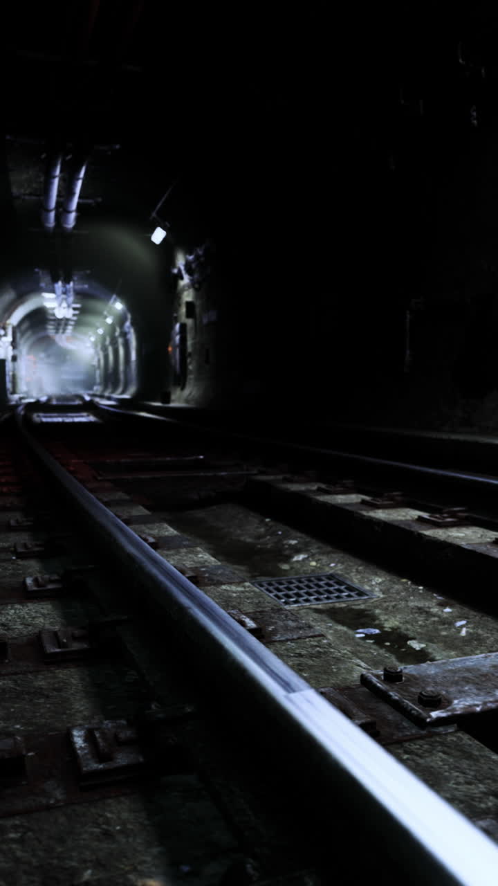 Mysterious tunnel with tracks leading into darkness at an underground location