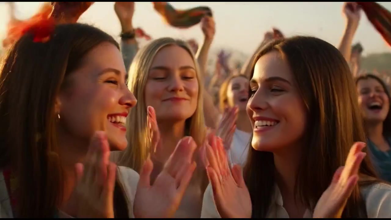 Diverse Group of Young People Cheering and Celebrating at an Outdoor Festival