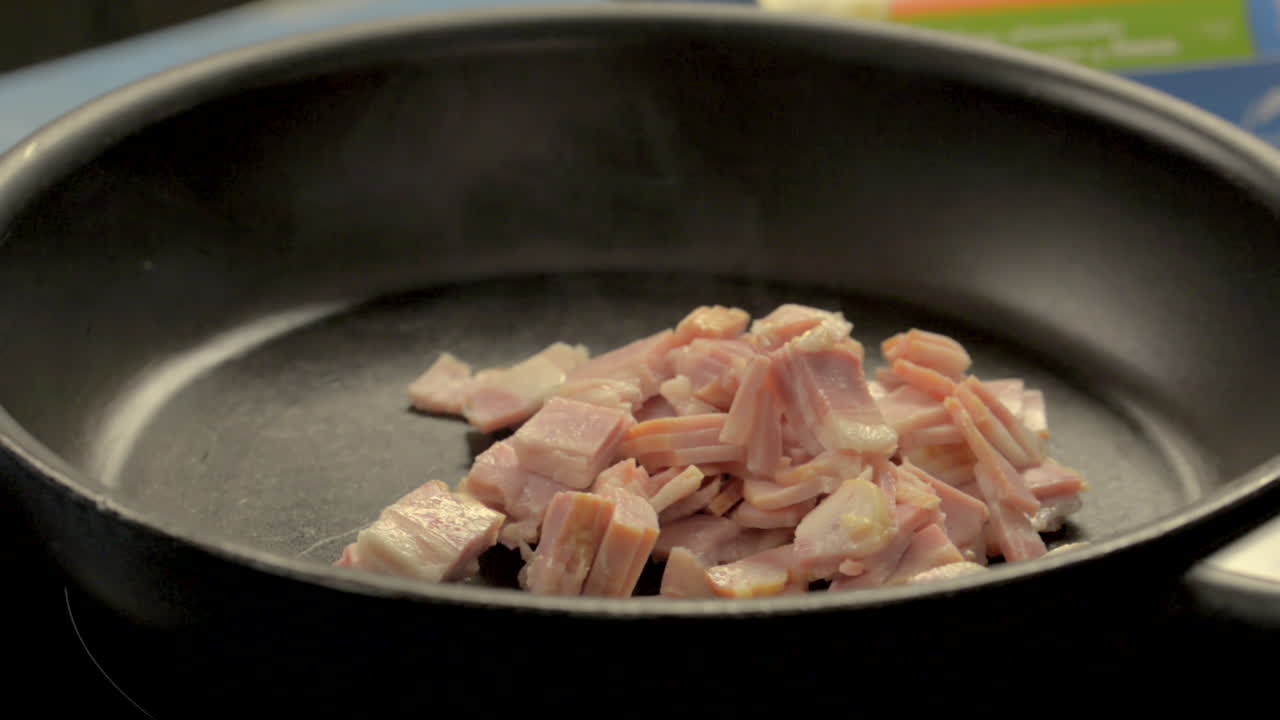 Putting chopped bacon ham in a hot pan