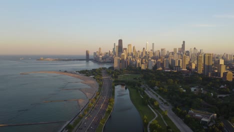 typical view above chicago, illinois on summer day in the city