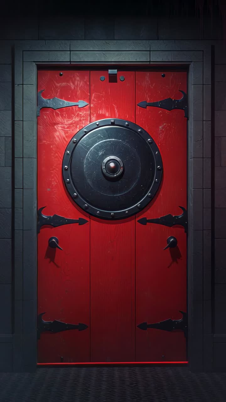 Vertical video: Responding to glow red wooden door opening in stone hall, with glowing red portal