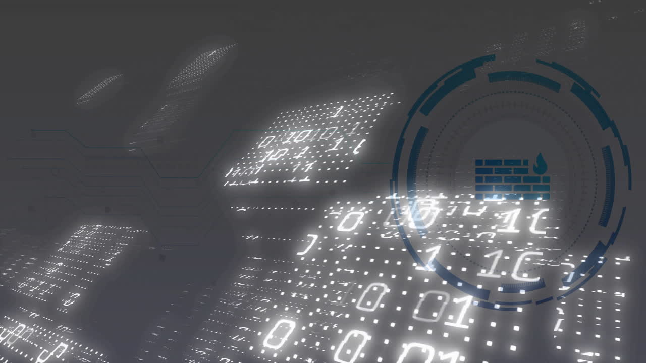 Binary digits streaming in 3D grid with holographic HUD firewall icon and circuit line art