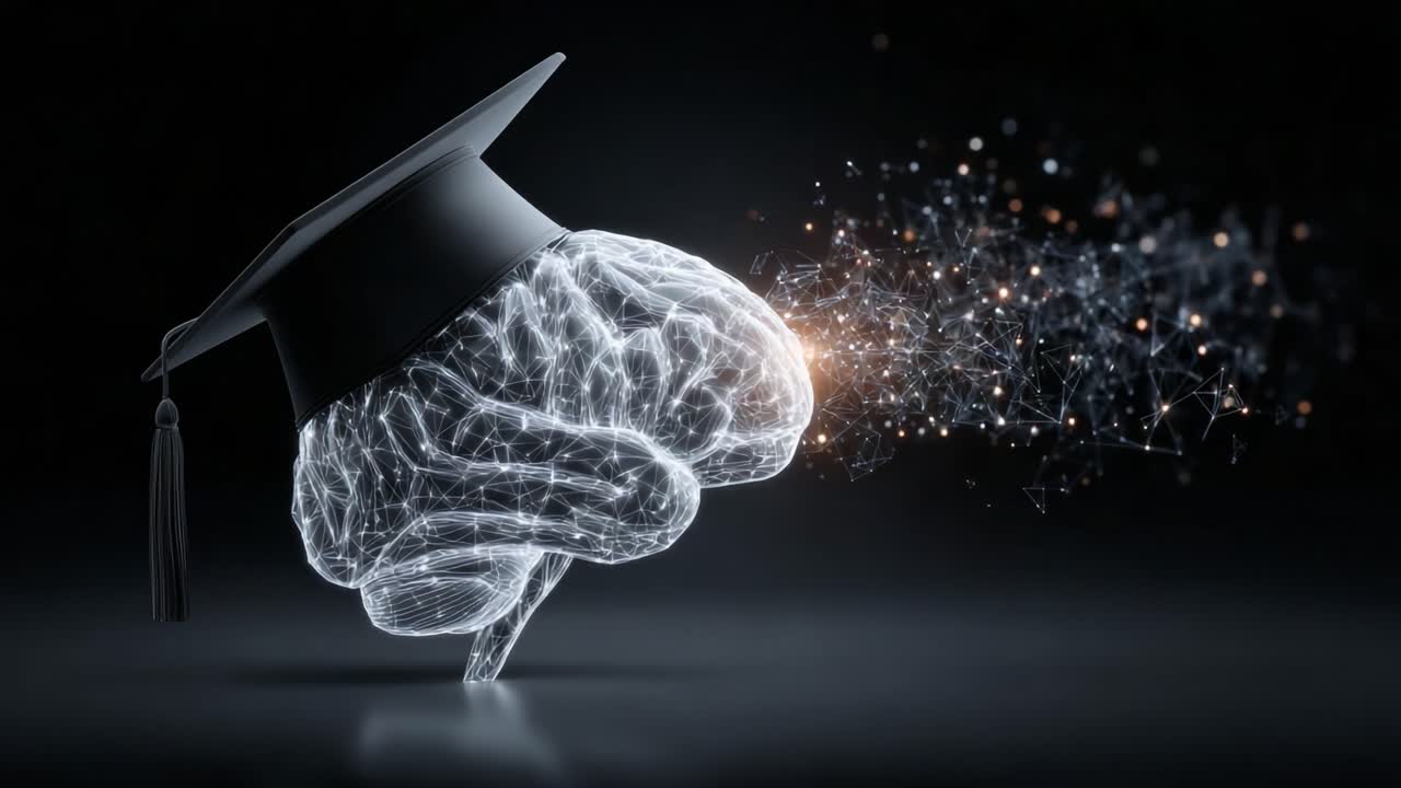 A Creative Visualization of Intelligence: A Graduation Cap on a Brain Illustrating the Birth of Innovative Ideas and Knowledge Flow in the Digital Age