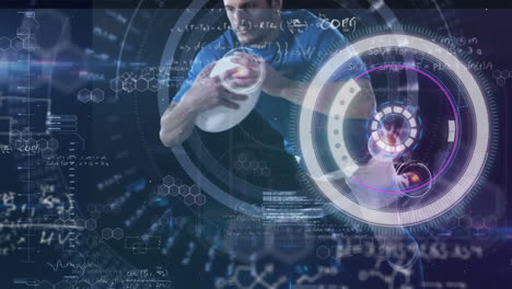 Animation of data processing over caucasian male rugby player running with ball