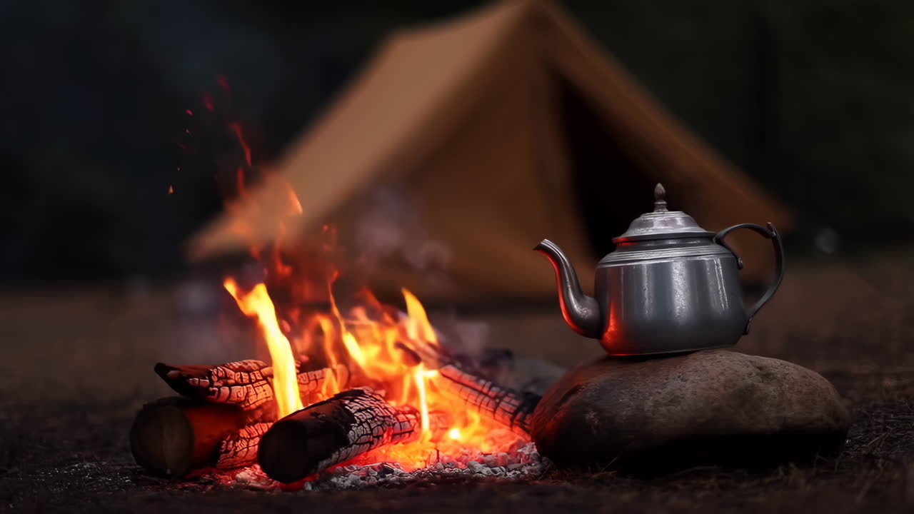 Teapot by a Campfire with a Tent in the Background