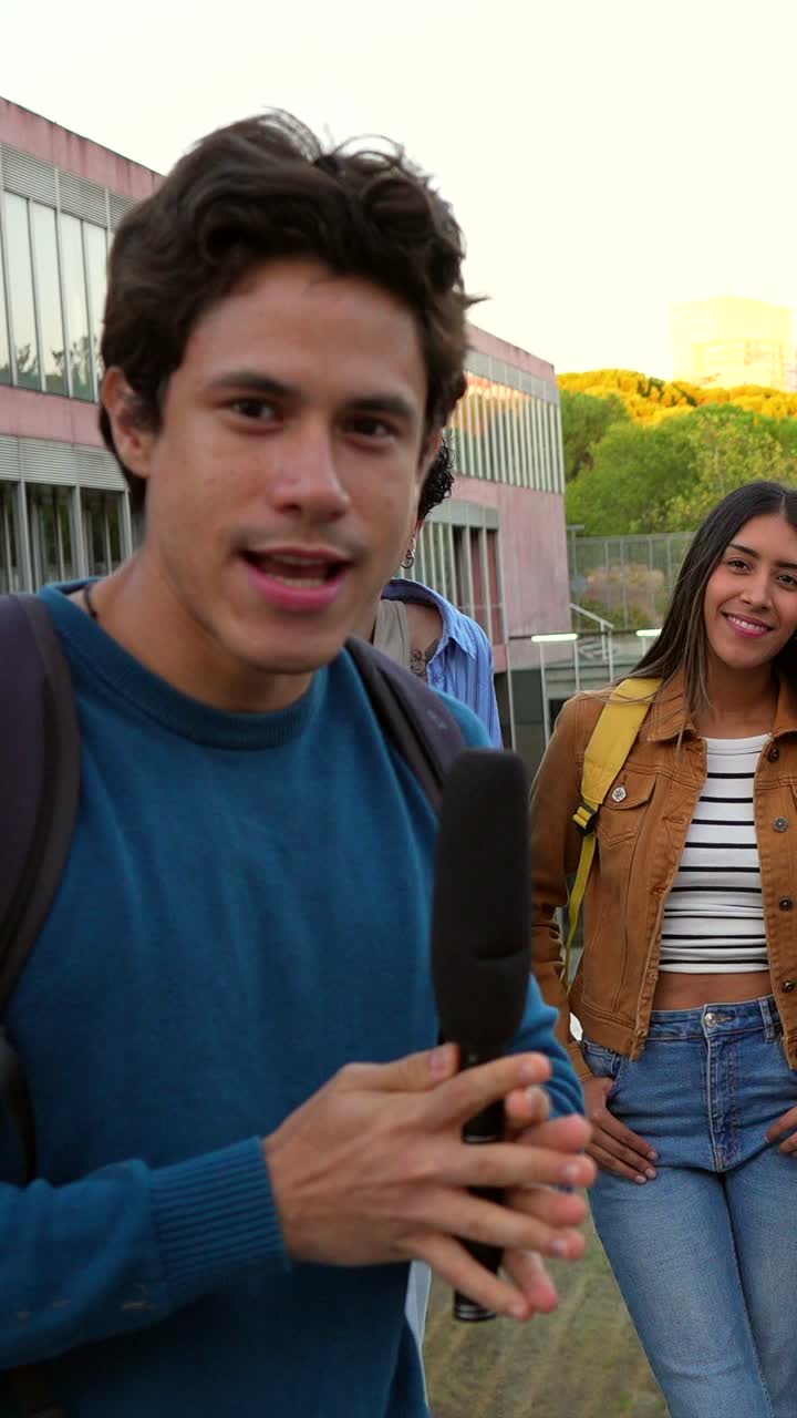 Interview with a man in front of a building