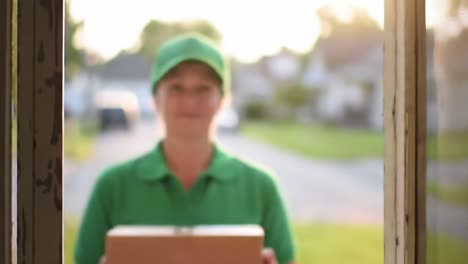 a friendly delivery person in green uniform brings a package to your doorstep, capturing the joy of receiving a delivery on a beautiful day