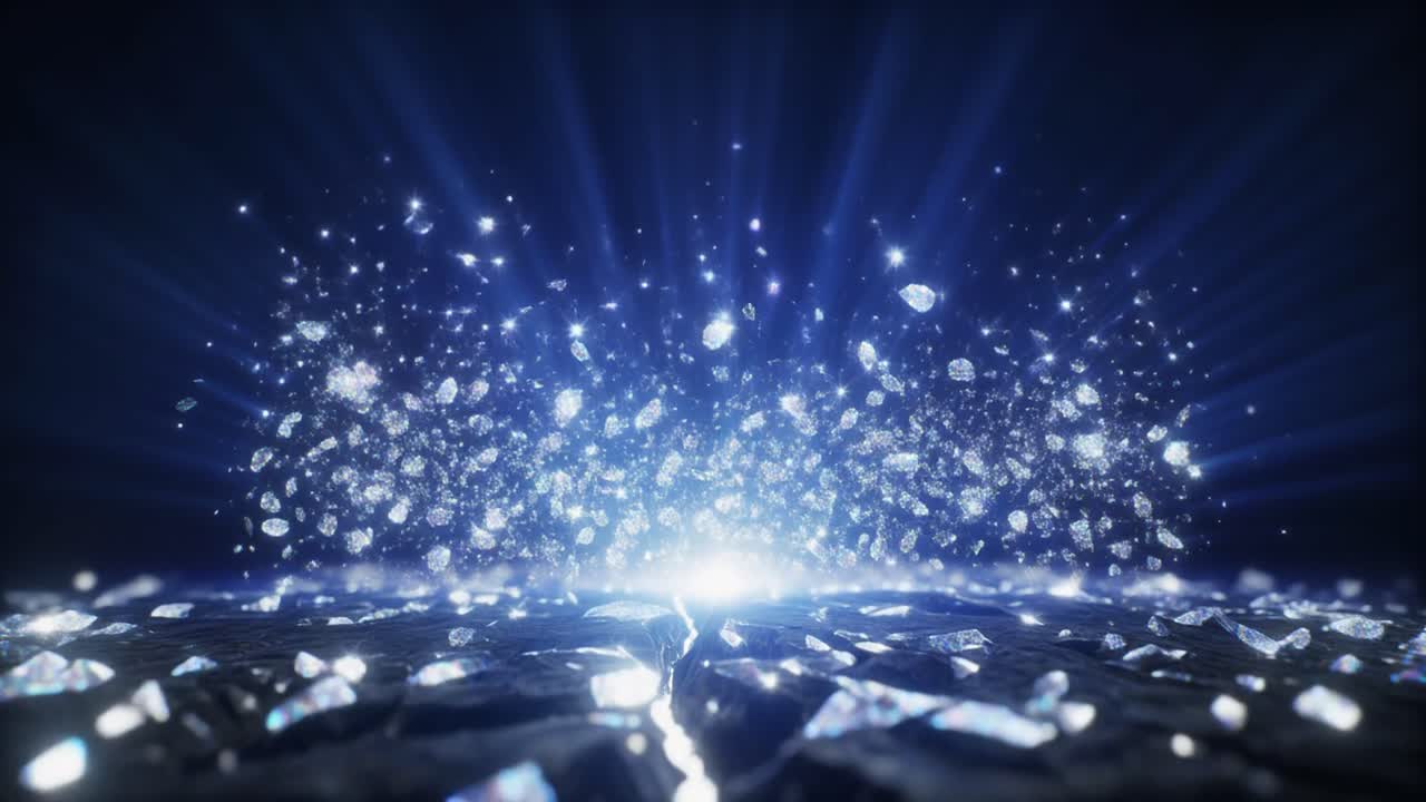Particelle scintillanti che eruttano da una fonte di luce brillante su una superficie scura e screpolata