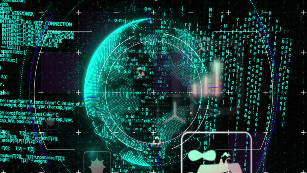 컴퓨터 언어와 컴퓨터 아이콘의 애니메이션은 검은 바탕에 원으로 전 세계에 있습니다.