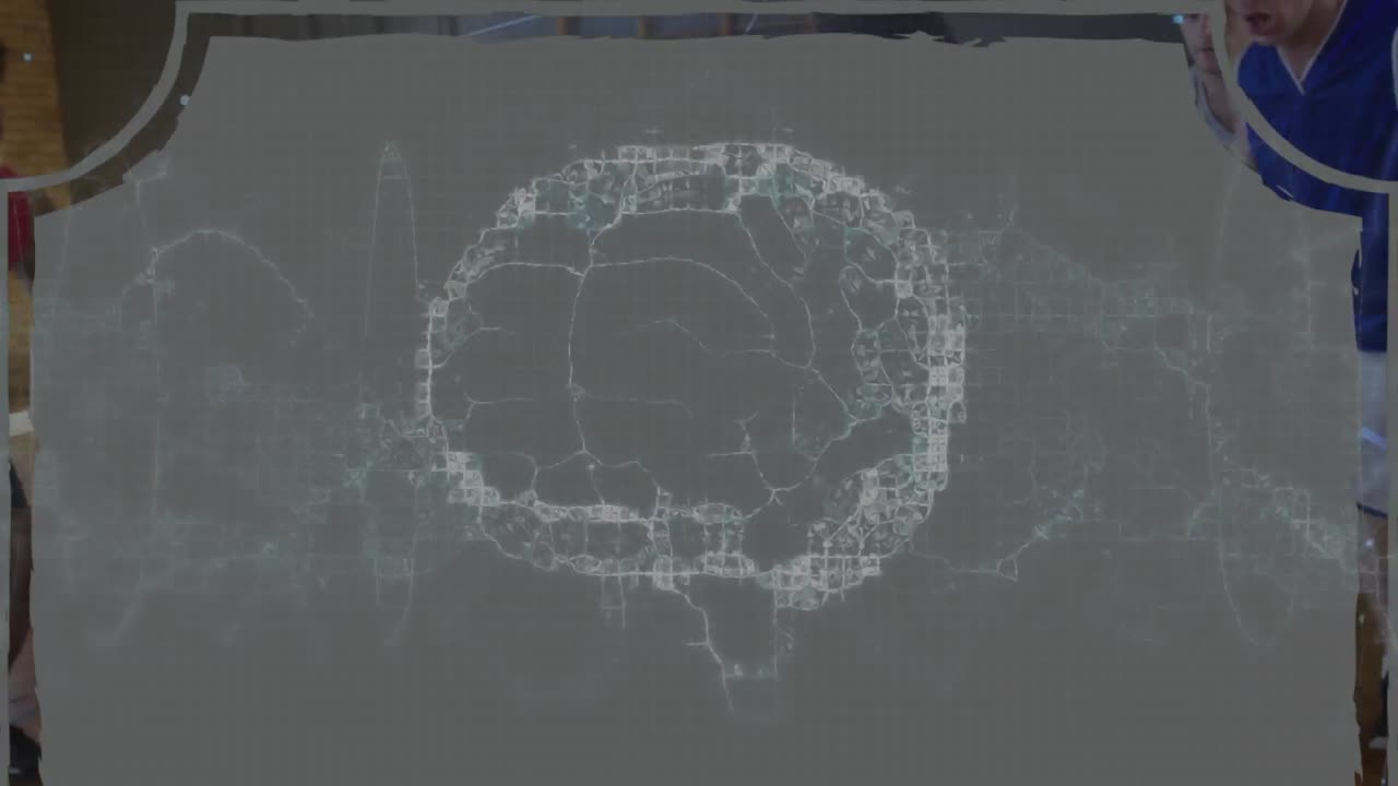 Animation of digital brain over diverse group of male basketball players