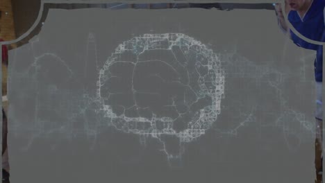 animation of digital brain over diverse group of male basketball players