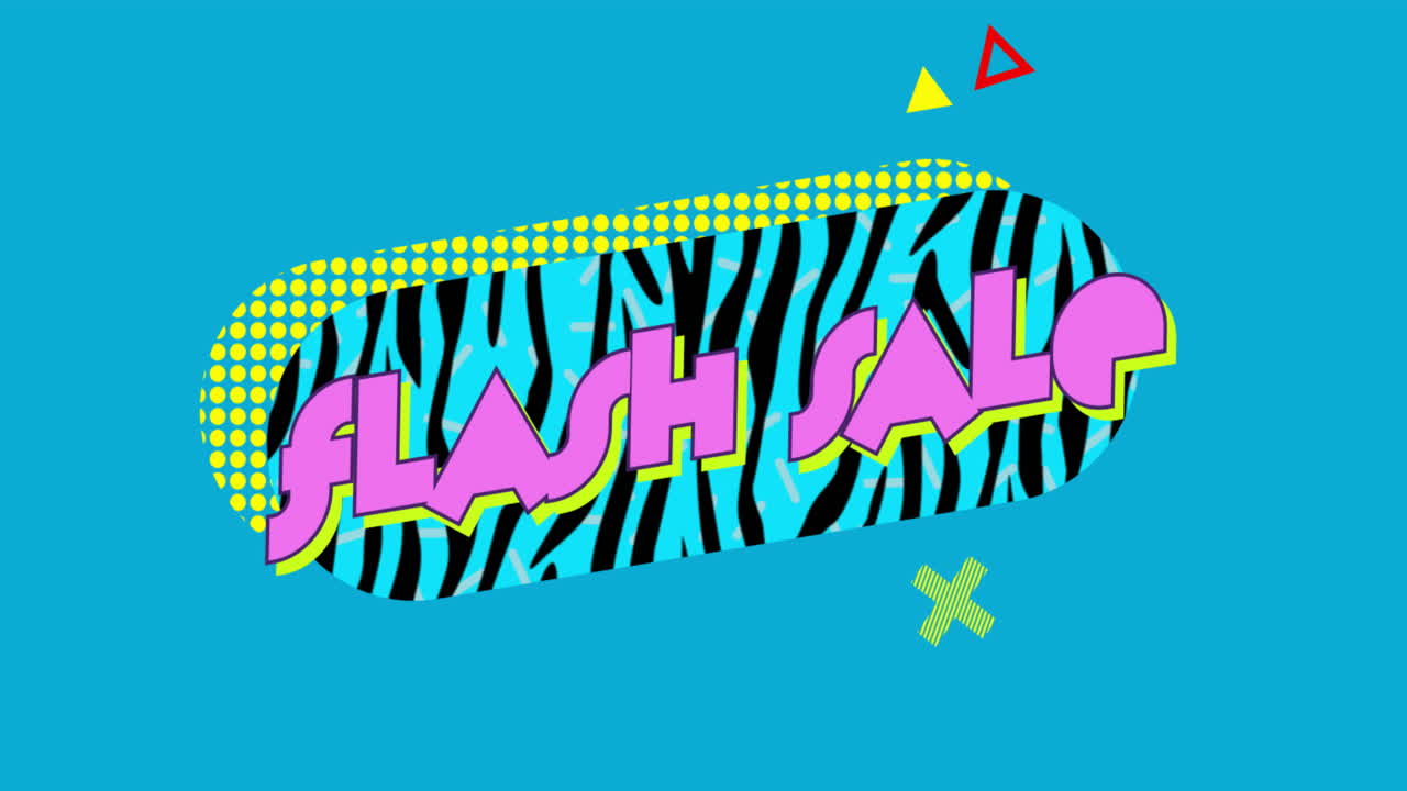 animación de texto de venta flash con formas geométricas coloridas en fondo azul