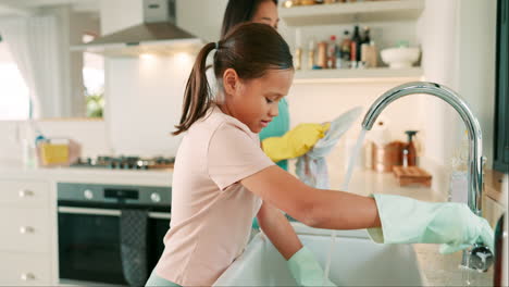 Mom,-girl-and-washing-dishes-at-sink