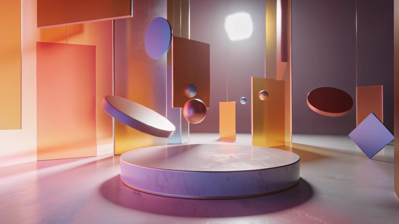 Opening camera, centered podium anchoring orbiting discs metal spheres panels in studio for display