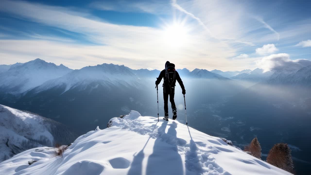 A video captures a hiker from behind, trekking through snowy mountains under a bright sun