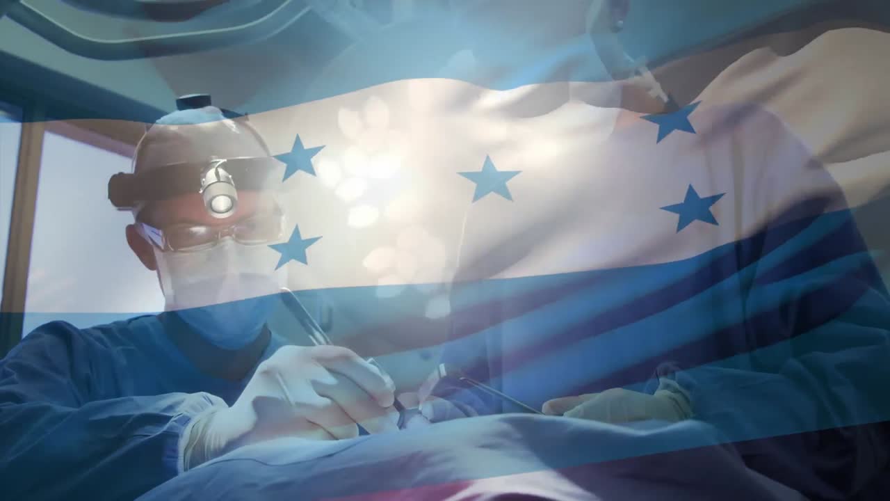 수술실에서 외과의사 위에 호두라의  ⁇ 발의 애니메이션