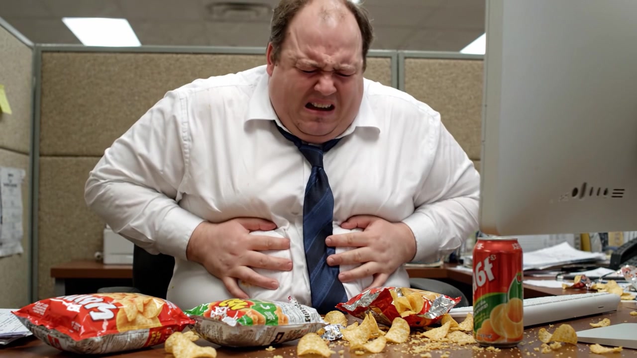 慌ただしいオフィスでのスナックアタック：散らかった机の上で、さらにポテトチップスに手を伸ばし、過食に苦しむ困惑した従業員