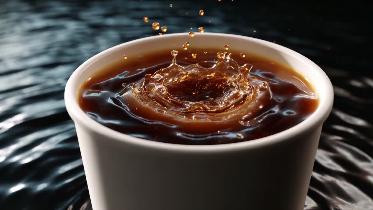 A Captivating Sequence Showing the Ripple Effect of Coffee Droplets Splashing in a White Cup, Highlighting the Beauty of Liquid Motion in a Dark Reflective Environment
