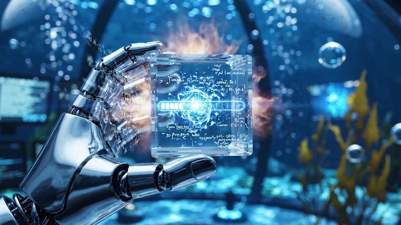 Futurystyczna ręka robota trzymająca przezroczystą kostkę zawierającą świecące dane w podwodnym środowisku, z bąbelkami i roślinami wodnymi wokół niej.