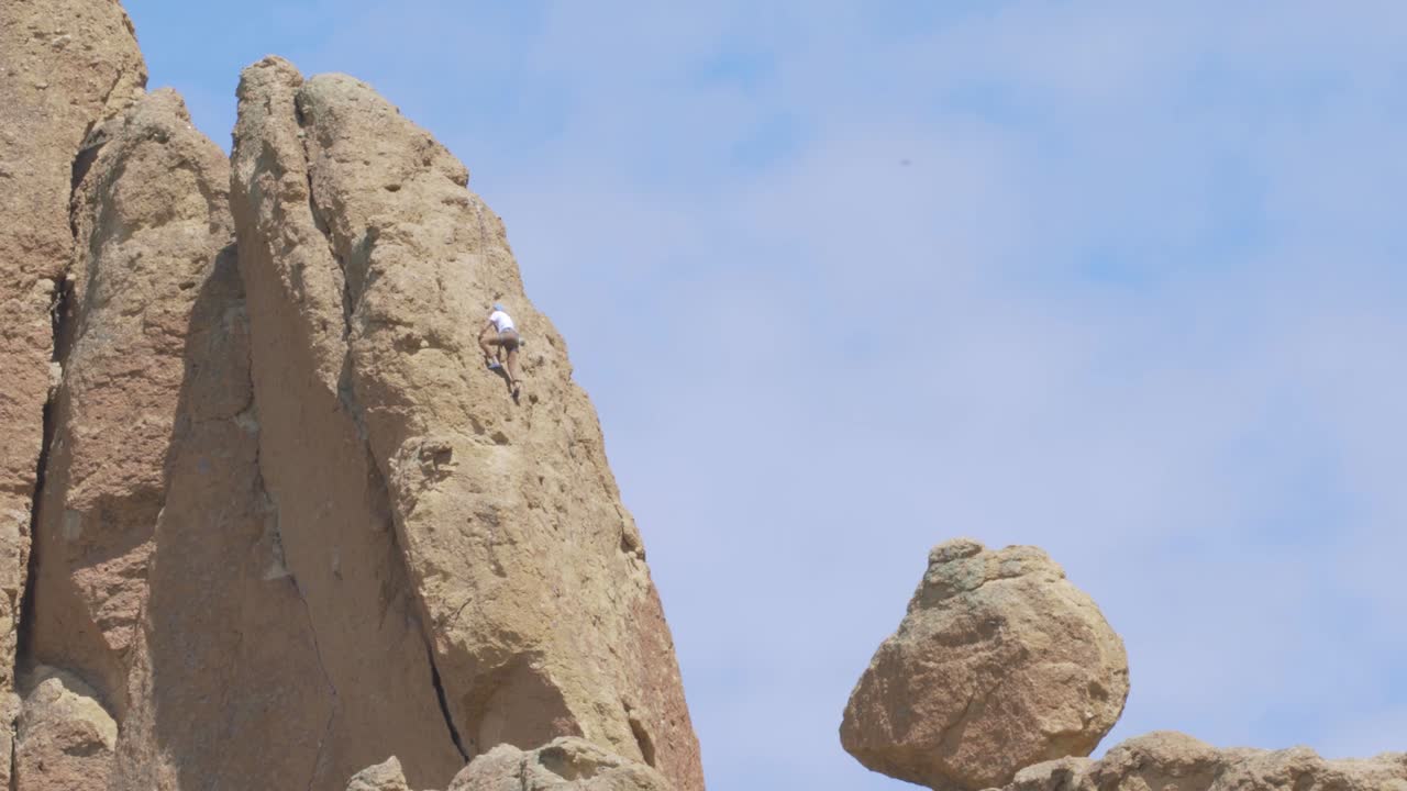 Rock Climber Scaling a Red Rock Structure