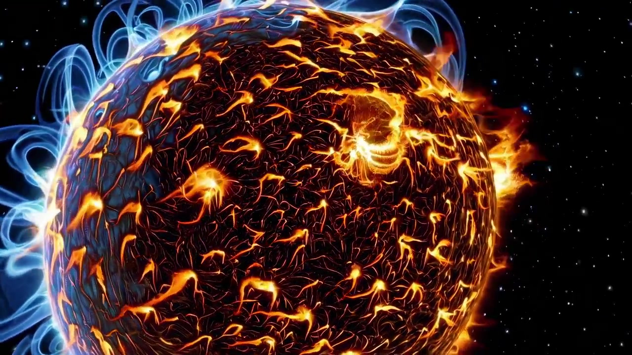 Animerad bild av solen med solflammor i rymden