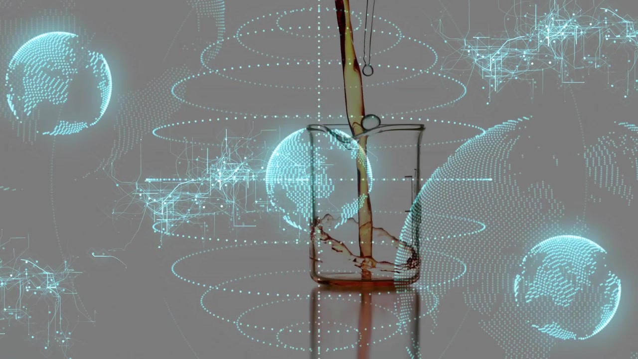 Chemical Liquid Pouring into Beaker with Digital Earth Network
