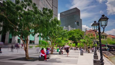 sunny day singapore city boat quay walking bay downtown up view 4k time lapse