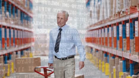 Man-dragging-a-fork-lift-inside-a-warehouse