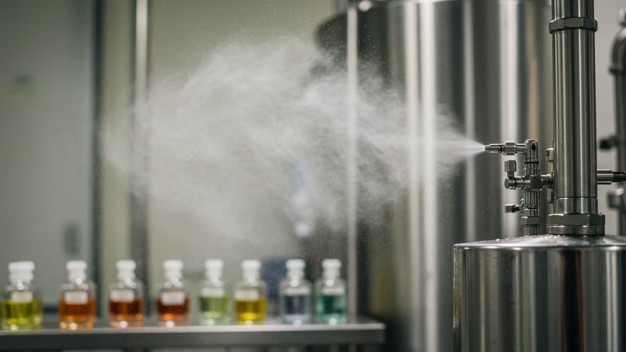 A Modern Laboratory Scene Featuring a High-Tech Spray Mechanism Releasing Vapor Amidst Vibrant Bottles of Liquid Solutions on a Metal Surface