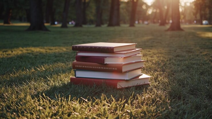 Pila di libri posata sull'erba in un parco al tramonto