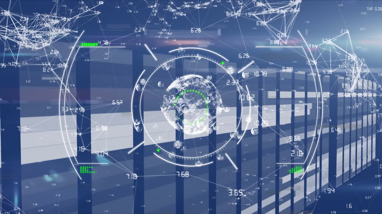 Animation of processing circle, lights and globe with connections over navy background