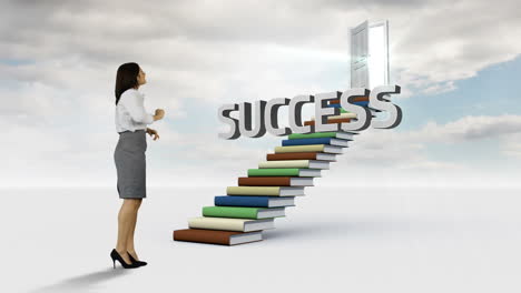 Businesswoman-looking-at-a-word-on-stair-made-of-books