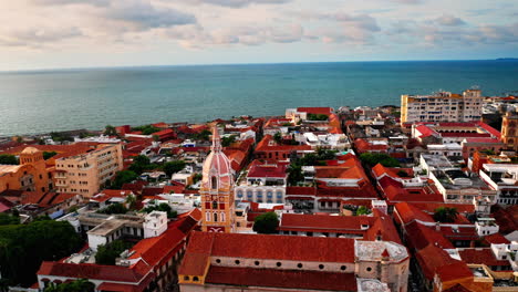 cinematic aerial drone shot over the old historical town of cartagena de indias in colombia