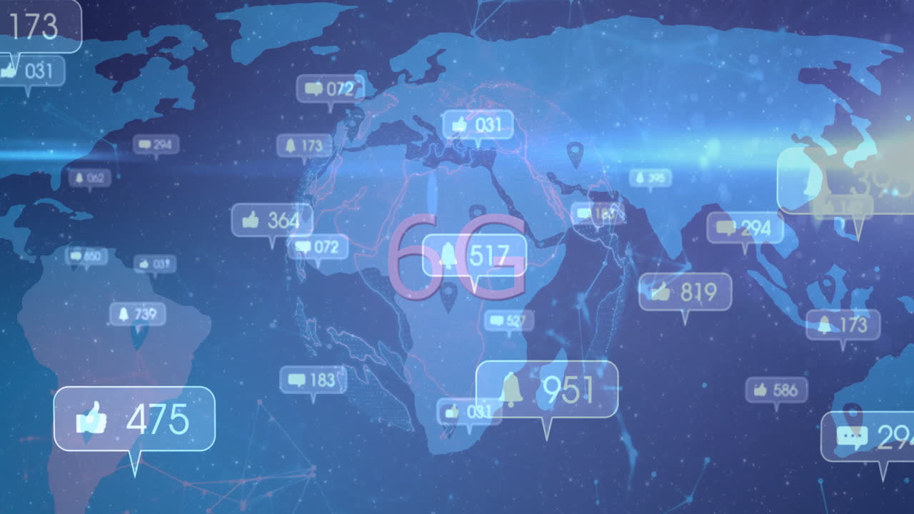 Overlaying animation of world map, social media engagement numbers with network connections