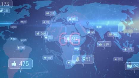 overlaying animation of world map, social media engagement numbers with network connections