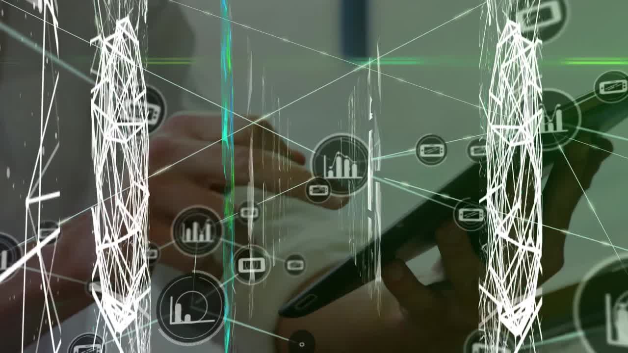 animación del procesamiento de datos financieros sobre una mujer caucásica usando una tableta