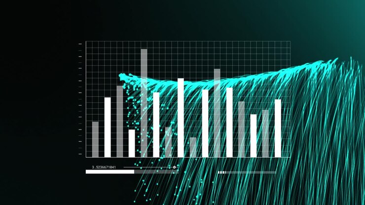Animation of data processing and green light trails on black background