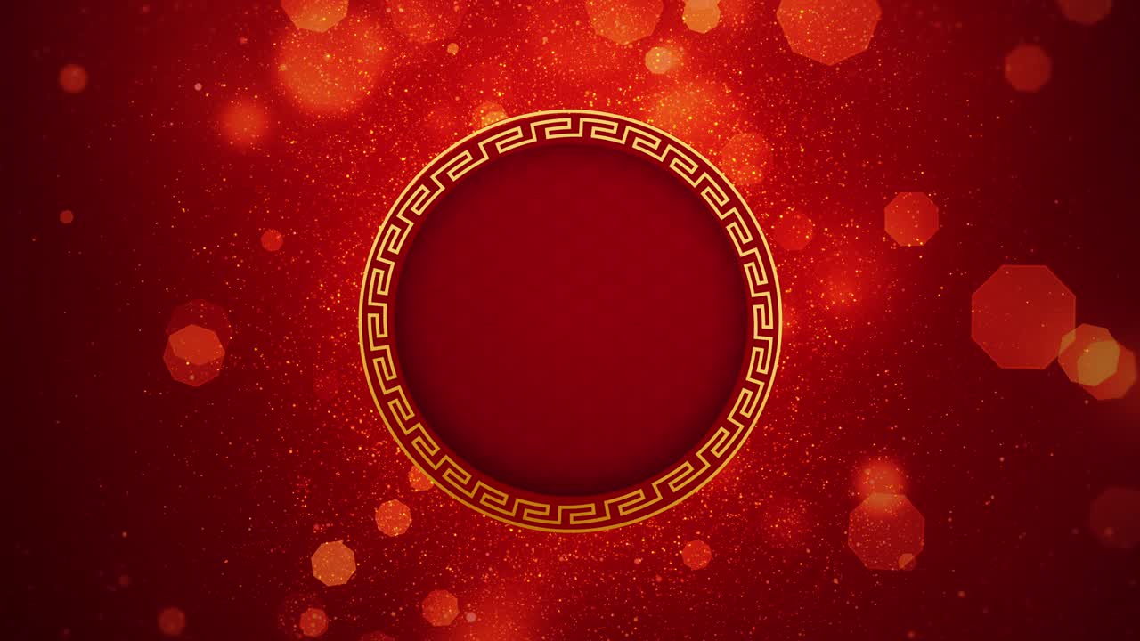 estilo chino y japonés abstracto con círculos octogonales partículas doradas bokeh en fondo rojo