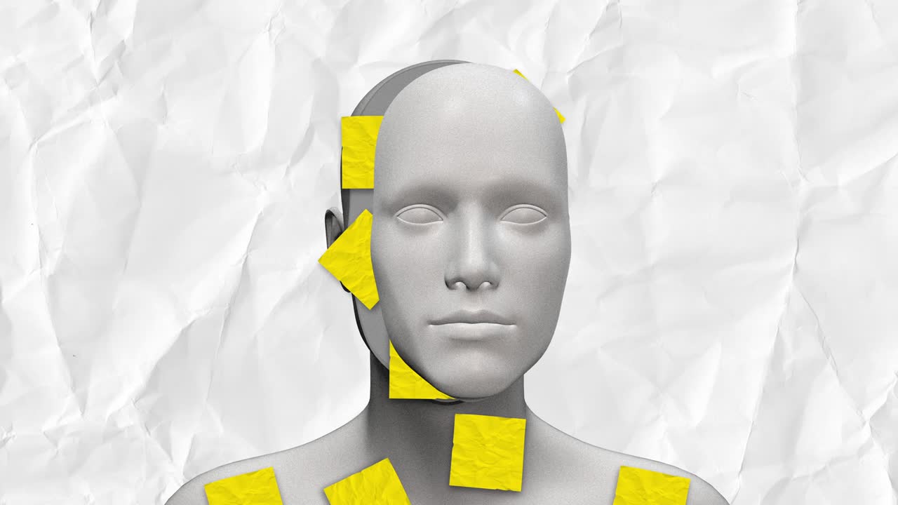 el cuerpo humano es un concepto de arte abstracto con papel arrugado. un personaje 3d realista, hombre o mujer, en un estilo creativo de stop motion moderno. diseño psicodélico gráfico colorido. animación de bucle de moda brillante.